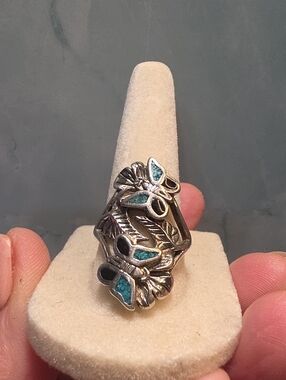 Sterling Silver Butterfly Inlay Ring with Turquoise Accents - Blue